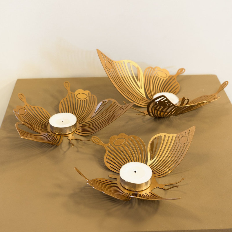 3 Piece Steel Tabletop Candlestick Set, Gold
