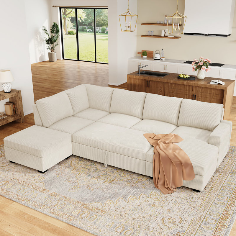 Brunella 111.4'' W Corduroy Modular Sleeper Sectional with Storage , Beige Corduroy