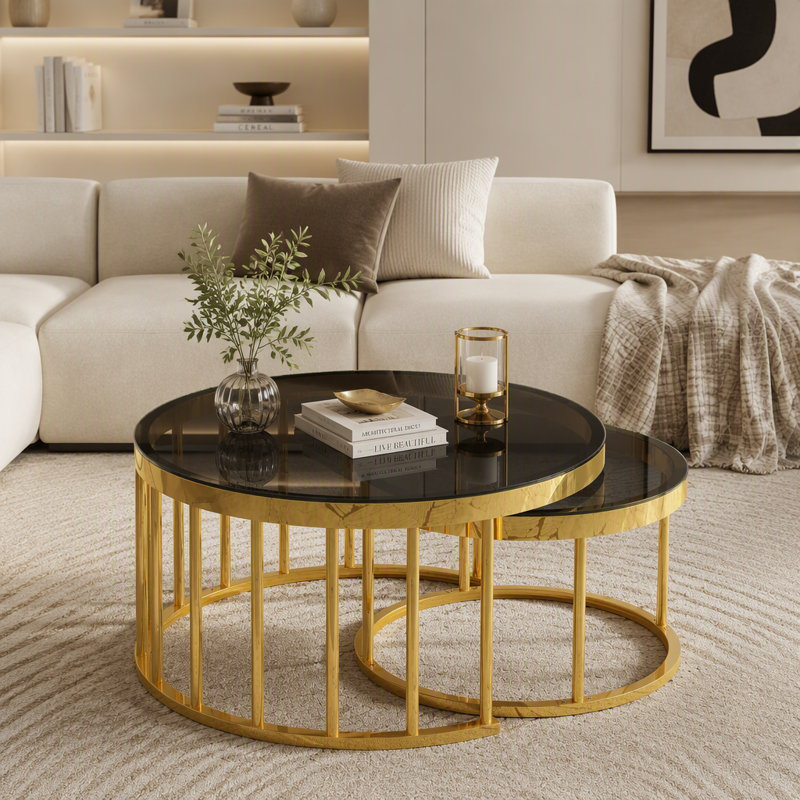 Ensemble de 2 tables basses rondes gigognes, structure circulaire en métal doré, Black / Gold