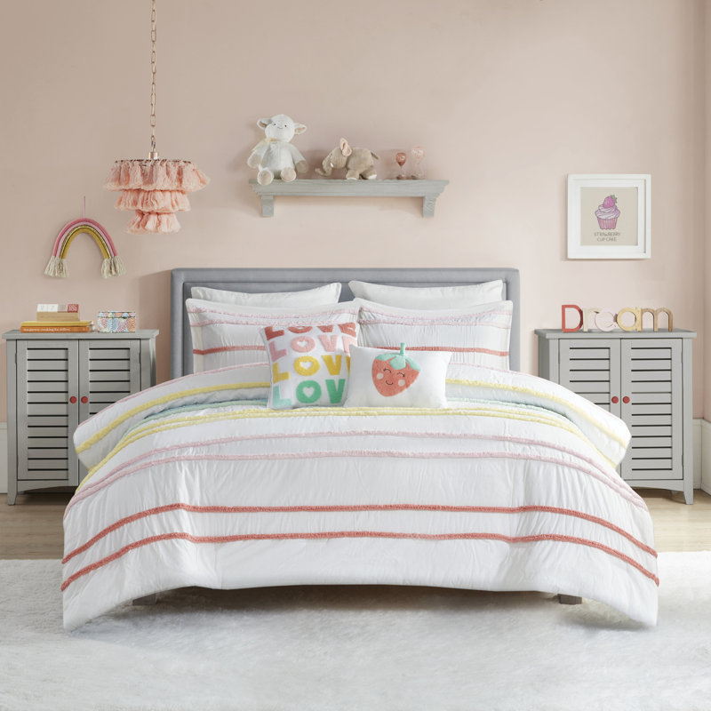 Ensemble de couette 4 pièces Haisley rose 100 % coton pour lit simple avec bordure en chenille, Rose