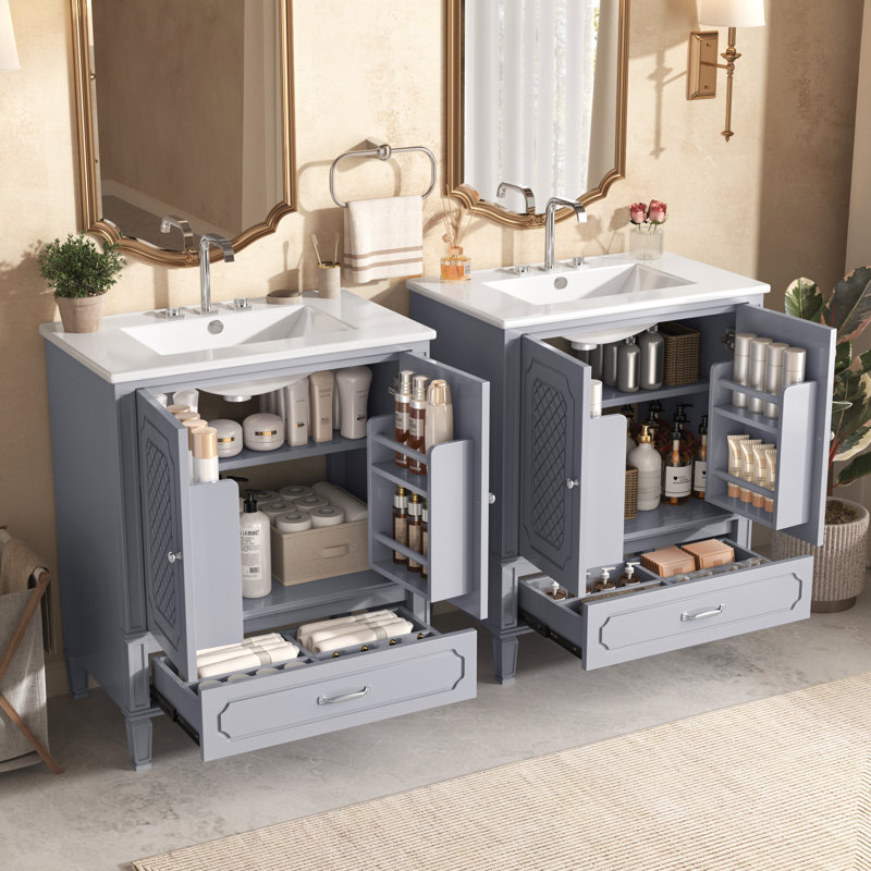  Ensemble de meuble-lavabo pour salle de bain avec lavabo double, deux armoires avec organisateurs de porte et deux tiroirs, gris