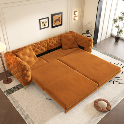 Canapé-lit convertible 3-en-1 de 97,7 po, canapé-lit coulissant à siège profond de 28,4 po, canapé moderne capitonné à boutons, canapé 4 places avec repose-pieds mobile pour appartement, bureau, chambre à coucher, orange