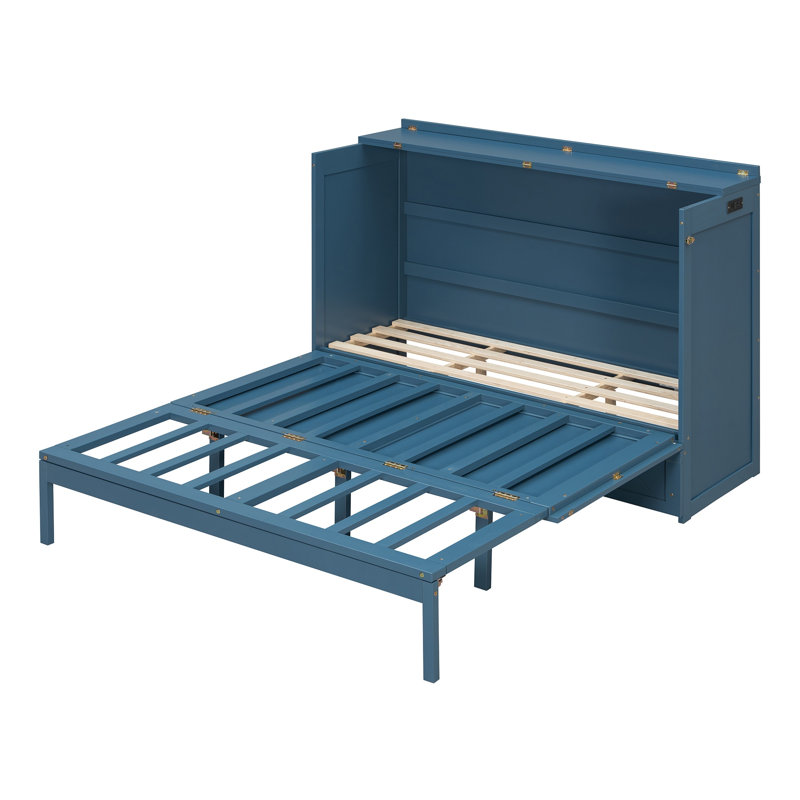 Queen Size Murphy Bed Wall Bed with Storage Drawers & USB Charging Ports, Navy Blue Space Saving Folding Cabinet