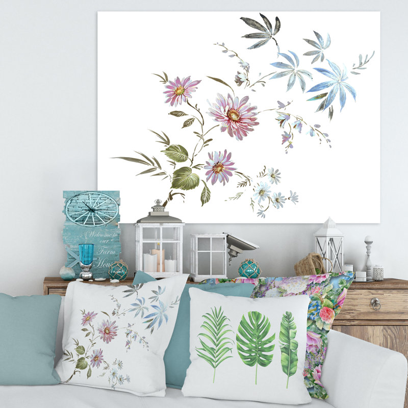 Fleurs bleues et roses I - peinture sur toile, H 30 po x l 40 po x 1,5 po, Toile tendue