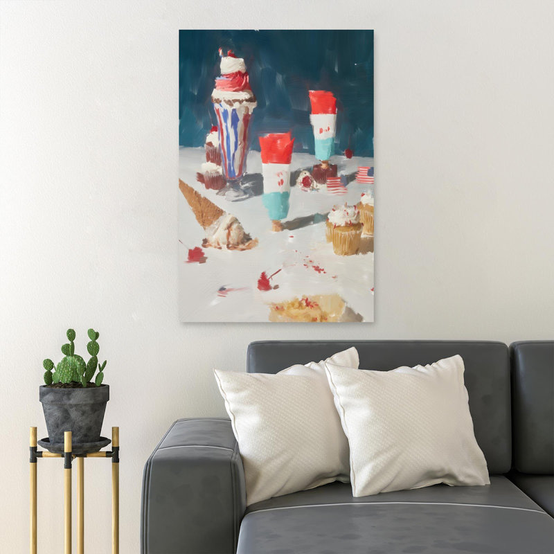 Ice Cream Cone With Cone And Ice Cream On Table - 1 Piece Rectangle Graphic Art Print On Wrapped Canvas, 14" H x 11" W