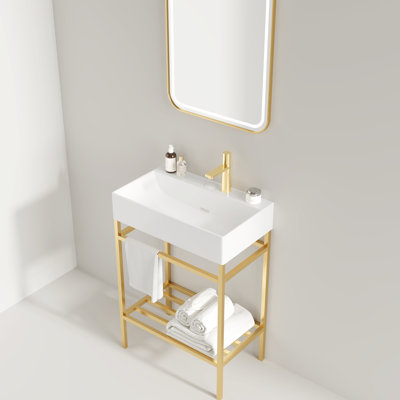 Meuble-lavabo de salle de bain avec lavabo en céramique de 24 po, lavabo rectangulaire blanc brillant, console autoportante, pieds en métal ouverts, doré, tablettes de rangement au choix 24 po, lavabo, plan