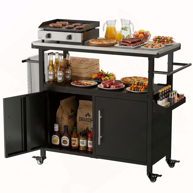 Outdoor Grill Cart with Patio Furniture, Outdoor Grill Table with Storage, Rolling Bar Cart Outdoor BBQ Cart with Towel Rack and Spice Rack for Grilling Accessories