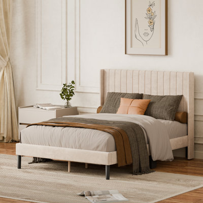 Upholstered Platform Bed Frame with Vertical Channel Tufted Wingback Headboard