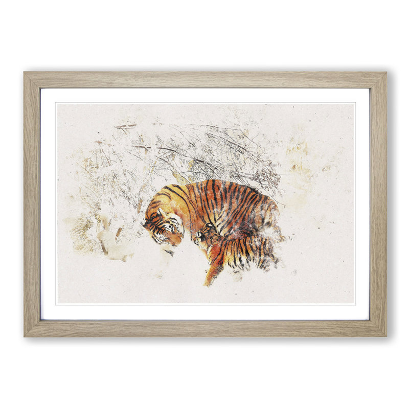 Mother Tiger & Cub in Winter - Picture Frame Graphic Art Print, 27cm H x 36cm W x 2cm D, Oak Framed