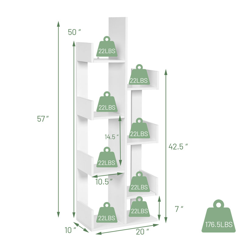 57''H X 20''W 8-Shelf Bookcase Modern Tree Bookshelf Storage Decor Freestanding , White