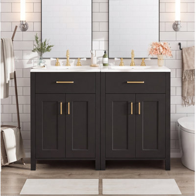 Meuble-lavabo double de 122 cm avec vasques en céramique – Bois massif et MDF, portes à fermeture amortie, tiroir rabattable, étagère réglable, noir