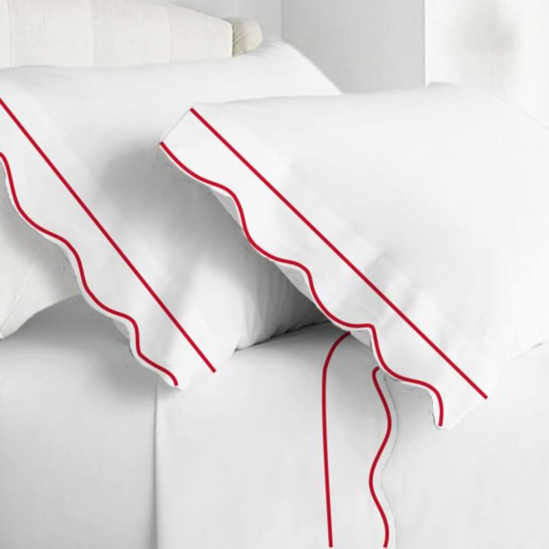 400TC Cotton Scallop Embroidery & Border Cotton 4 Piece Sheet Set Fitted Sheet Fits Upto 16" Deep Pocket, Burgundy Border
