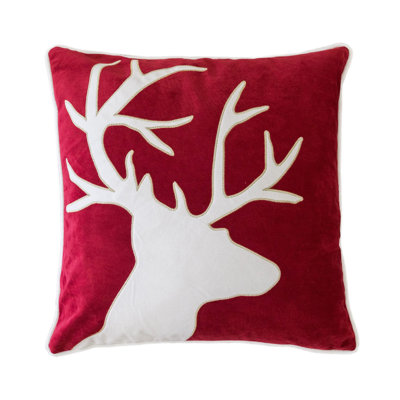 Lopa Square Throw Pillow, Holiday Reindeer Embroidery, Red Velvet 20 Inch