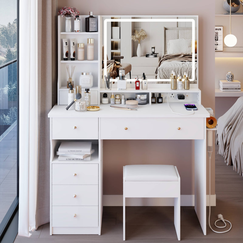 41" Large Size Left Drawer Desktop Vanity Table+Cushioned Stool Dresser Set, 2 AC+2 USB Power Station, Hair Dryer Stand, Extra Large Touch Control LED Mirror, 3-Color Switch, EPA, GCC, UL Certificate
