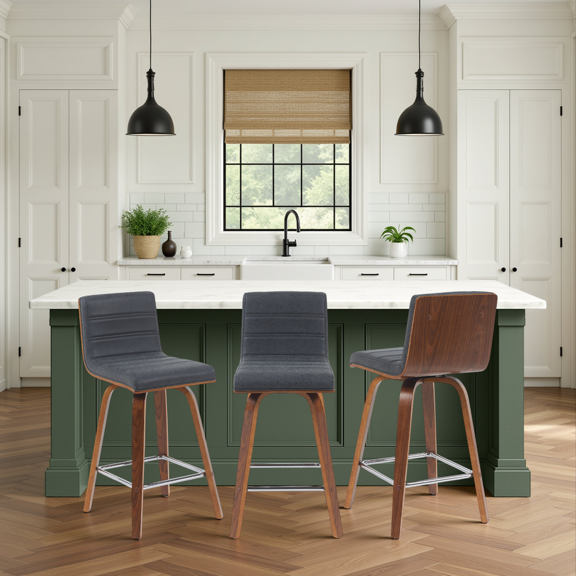 Biance Solid Wood Swivel Bar & Counter Stool, Black Performance Faux Leather, Counter Stool (26" Seat Height), Walnut