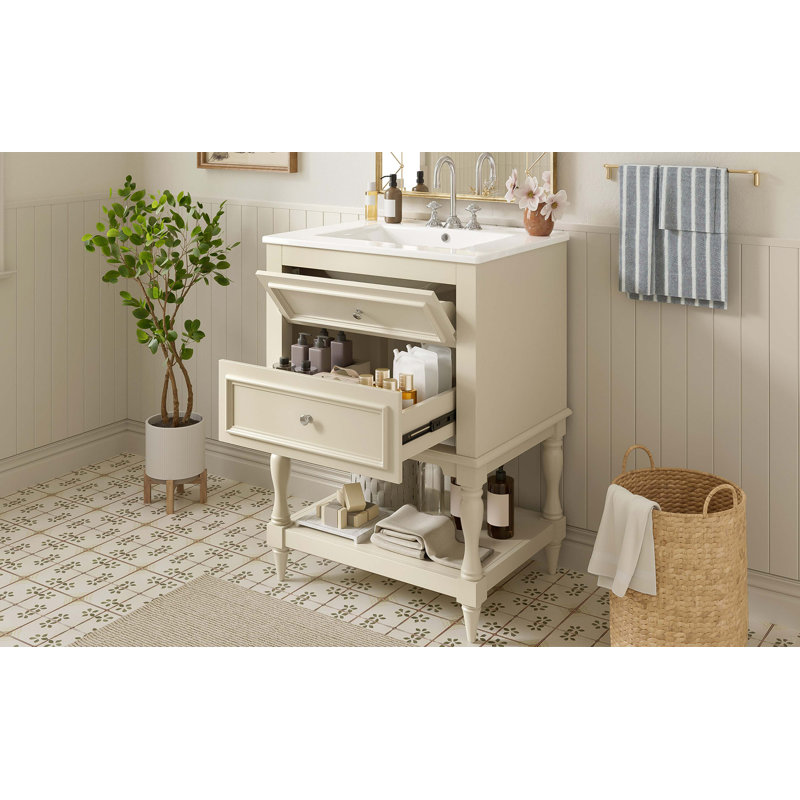 Meuble-lavabo de salle de bain 24 po avec lavabo en céramique, Beige