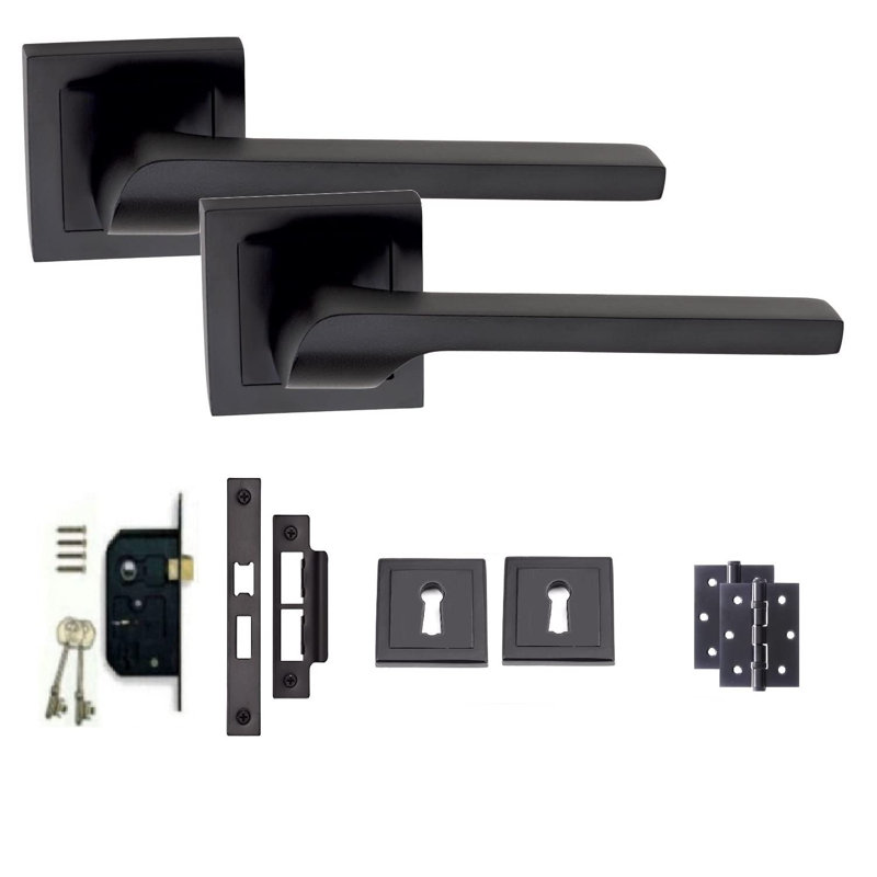  Sigma Design Door Handles Set on Square Rose in Matt Black Finish with 64mm Latches and Pair of 3" Ball Bearing Hinges