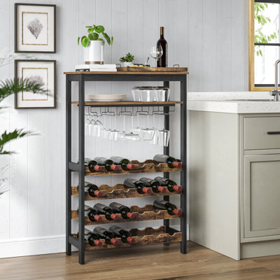 24-Bottle Wine Rack Free Standing Floor, Display Wine Storage Shelves With Glass Holder Rack, Wobble-Free Bottle Holder For Kitchen Bar Dining Room, Rustic Brown