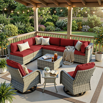 10-Piece Outdoor Wicker Sectional Seating Group With Swivel Rocking Chairs, Coffee Table & Side Table, All-Weather Patio Conversation Set