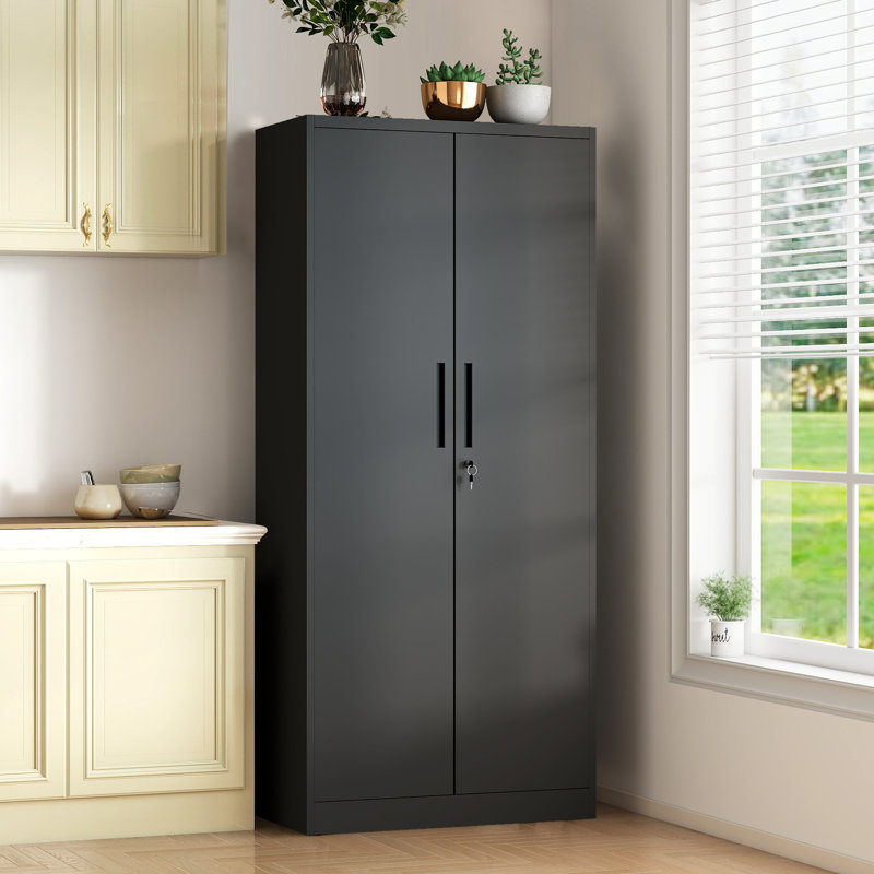 72" Heavy-Duty Metal Storage Cabinet with Lock - Black Garage Shelving Unit, 72"H x 35.4"W x 17.7"D, No