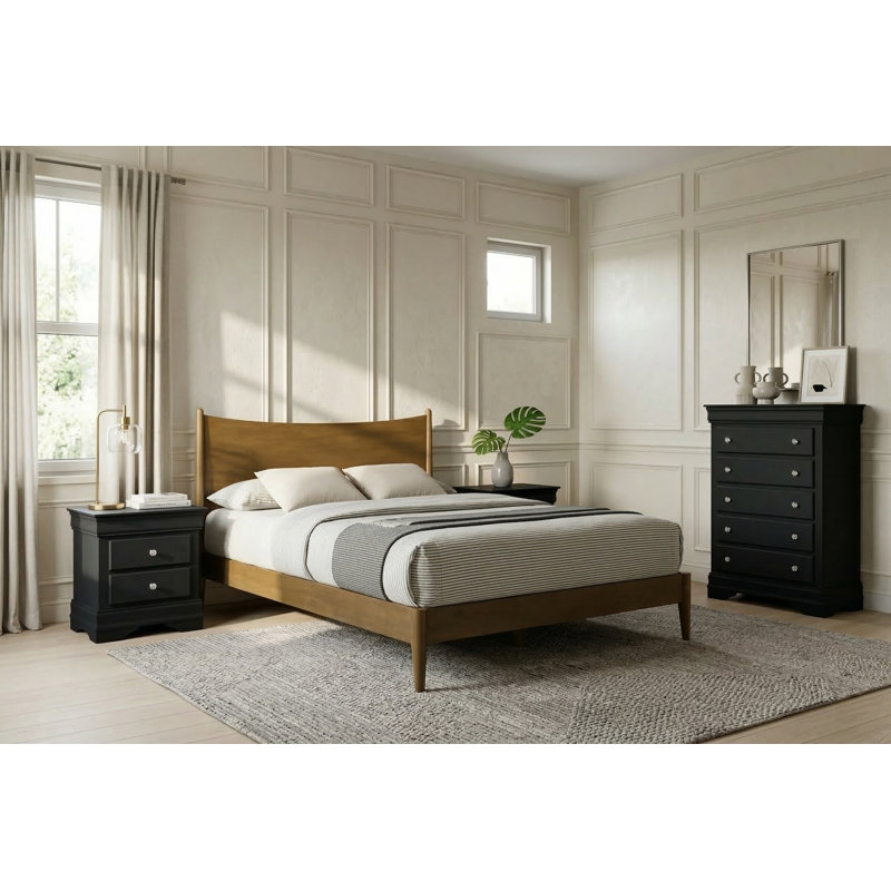 Barvelle Solid Wood 4 Pieces Bedroom Set, Black/Walnut, 4 Pcs: Bed, Chest, 2 Nightstand