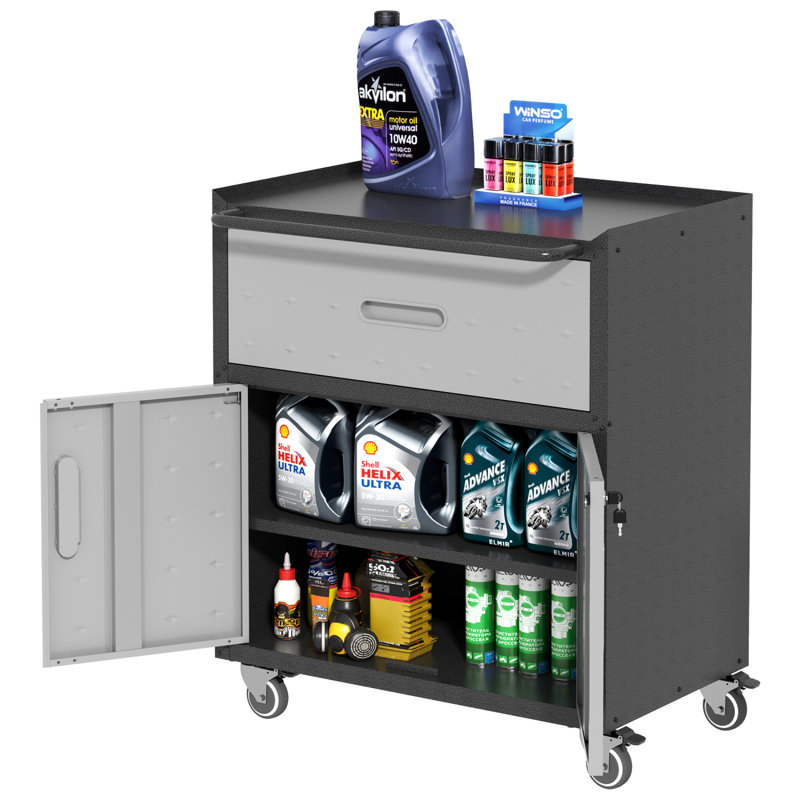 Armoire à outils en métal robuste et durable pour le garage avec roues - Armoire de rangement mobile robuste avec 1 tiroir et 2 portes verrouillables, armoire de rangement à outils roulante, noire et grise
