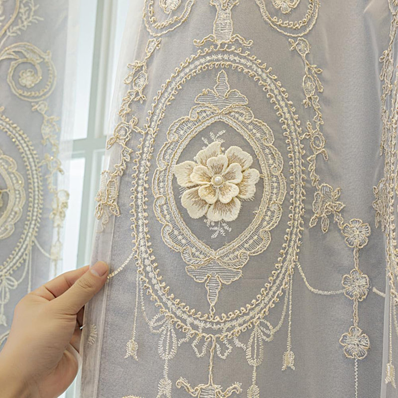 1 Pair European Double Layer Curtains for Living Room Bedroom 3D Flower Embroidered Curtains with Valance (Grey,51x84 Inch)