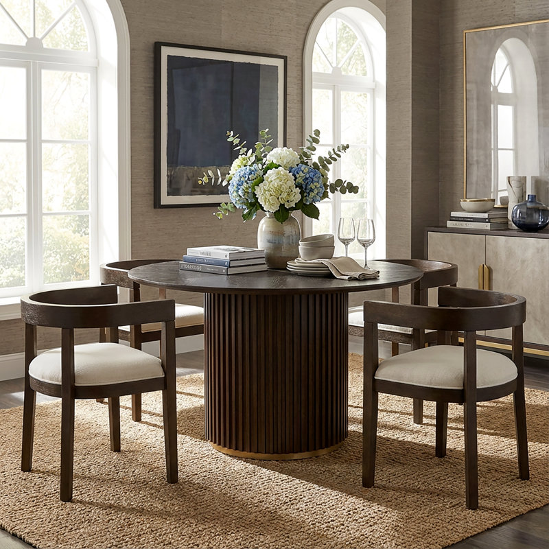 Ensemble de table de salle à manger à piédestal rond 5 pièces avec chaises rembourrées Logan, Noyer
