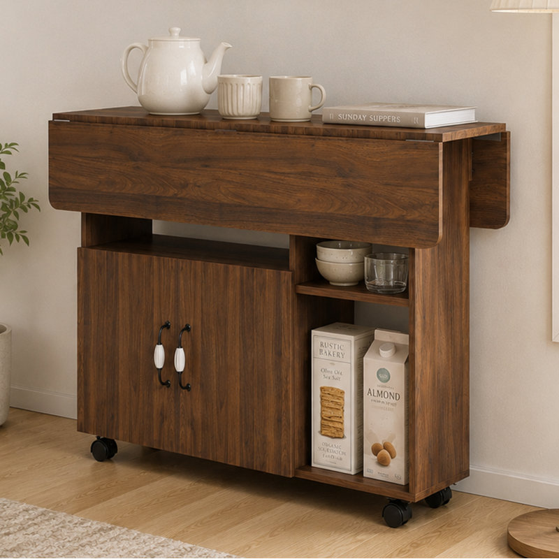 Table de cuisine moderne pour îlot de cuisine pliable avec tablettes de rangement et roulettes pour petits espaces, Noyer