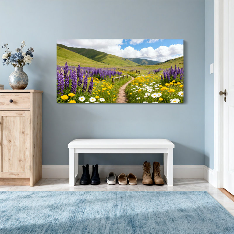 Paysage, nature, champ de fleurs, chemin, montagnes, ciel, nuages, H 16 po x l 32 po