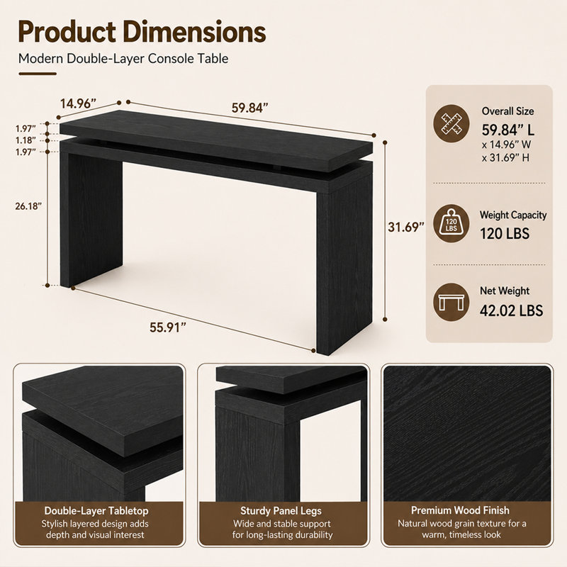 60" Farmhouse Console Table – Solid Wood & MDF Entryway Table(Black), Black
