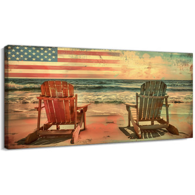  Art mural sur toile très grand drapeau américain océanique, décor patriotique rétro américain, peinture de chaises de bord de mer sereine, scène de plage détendue avec impression de drapeau pour salon chambre à coucher 24 po x 48 po