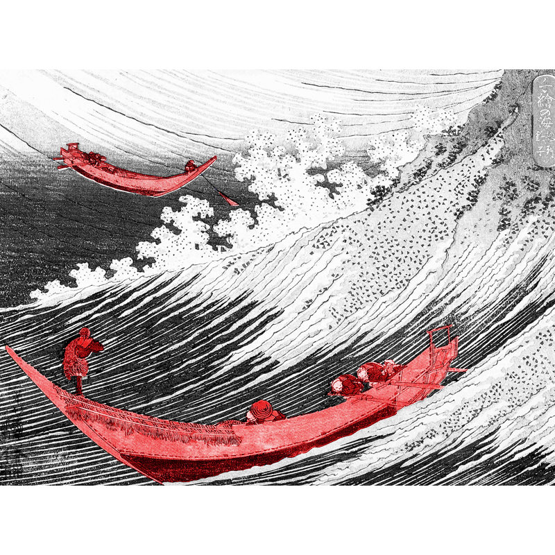 Décalcomanie murale amovible pour bateau japonais sur le vagues, H 18 po x l 24 po, Noir / blanc / rouge