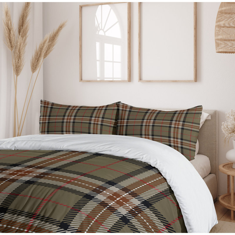 Plaid Queen Size Duvet Cover Set in Brown and Red Microfiber