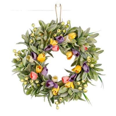Couronne de tulipes pour la porte d'entrée 19,7 pouces, couronne florale toutes saisons pour l'extérieur, couronne de porte pour Pâques