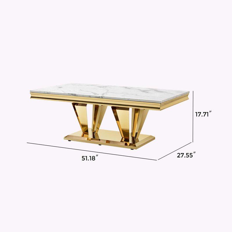 Modern Rectangular Coffee Table with Marble Pattern Top and Stainless Steel Base