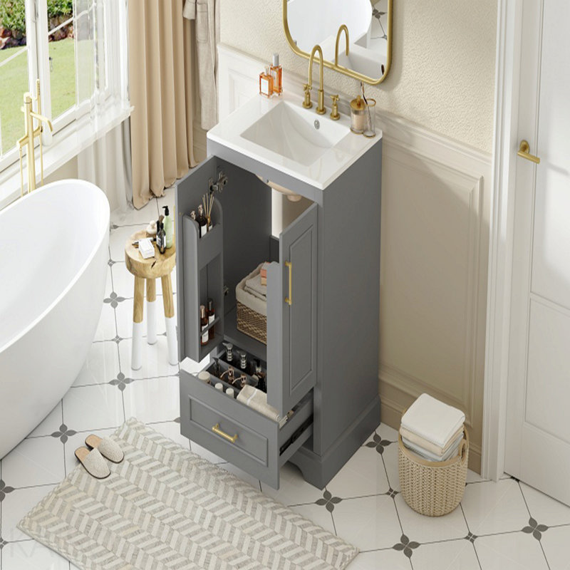 Meuble-lavabo 24 po avec lavabo, armoire en MDF avec structure en bois massif, 1 tiroir divisé et 2 portes à fermeture douce avec double tablette sur la porte, meuble-lavabo autoportant