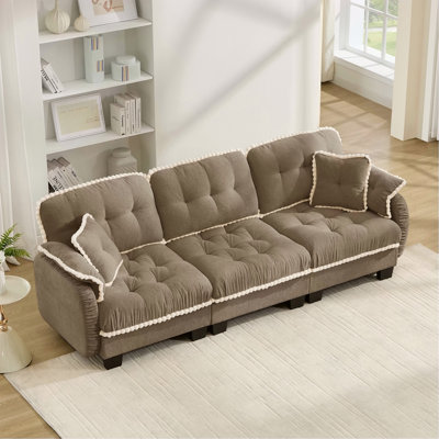 Canapé en chenille à 3 places avec 4 coussins, conception ergonomique et coussins capitonnés à garniture de pompons, canapé à assise profonde facile à assembler pour salon, appartement, brun