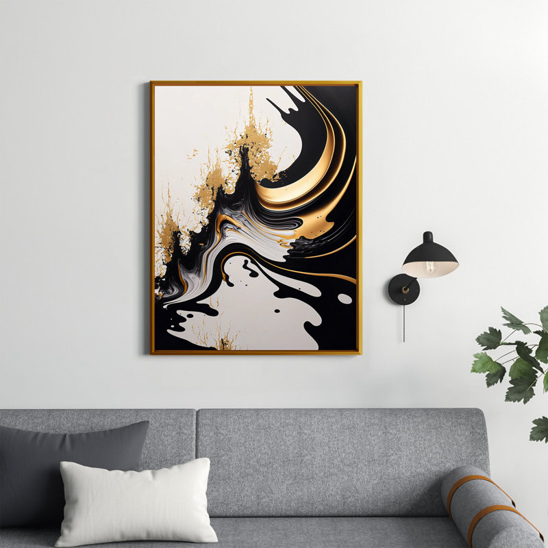 Azareth, vague noire et dorée - art mural abstrait pour le salon, H 40 po x l 30 po x P 1,5 po, Toile avec cadre flottant or