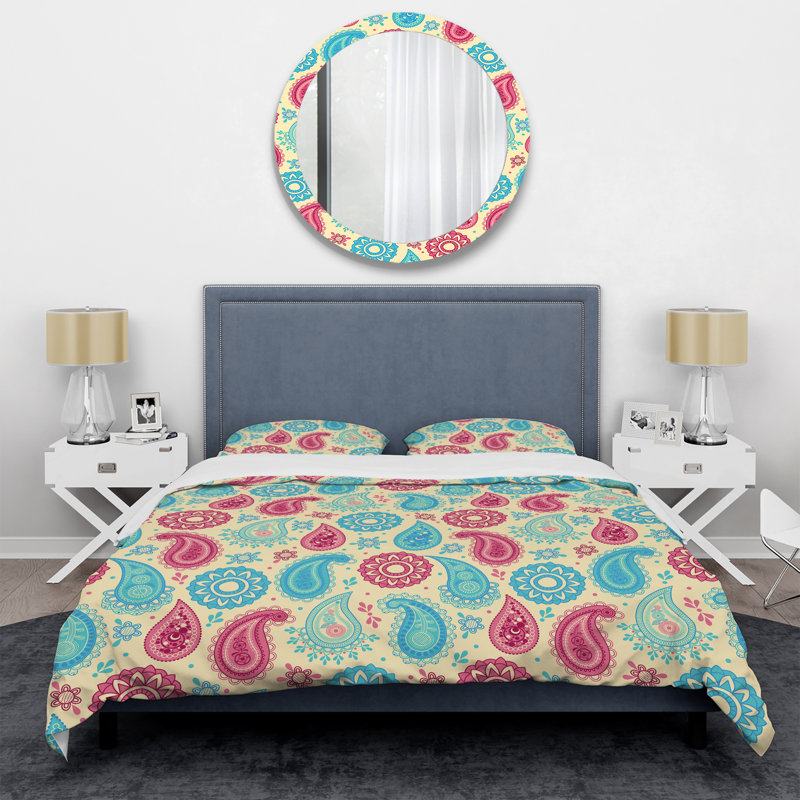 Ensemble de housse de couette à motif cachemire floral bleu et rose, Housse de couette pour grand lit et 2 taies décor