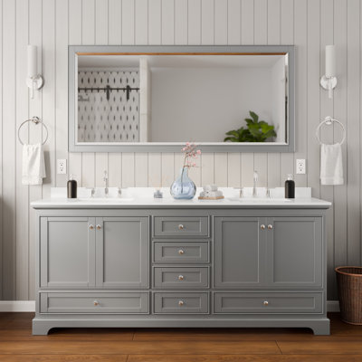 Deborah 80 Inch Double Bathroom Vanity in Dark Gray, White Cultured Marble Countertop, Undermount Square Sinks (3-Hole), Polished Chrome Trim, 70 Inch Mirror