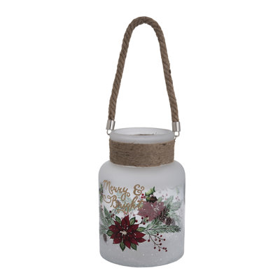  Ouragan de poinsettia de Noël en verre blanc cassé 6,75 po avec poignée tissée