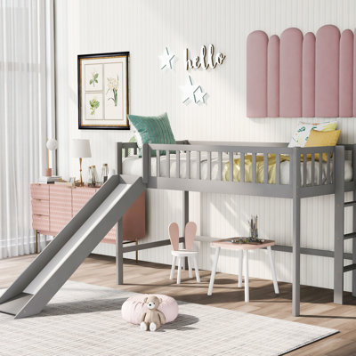 Gray Twin Size Low Loft Bed With And Joyful Slide - Bedroom Happiness Vertical Detachable
