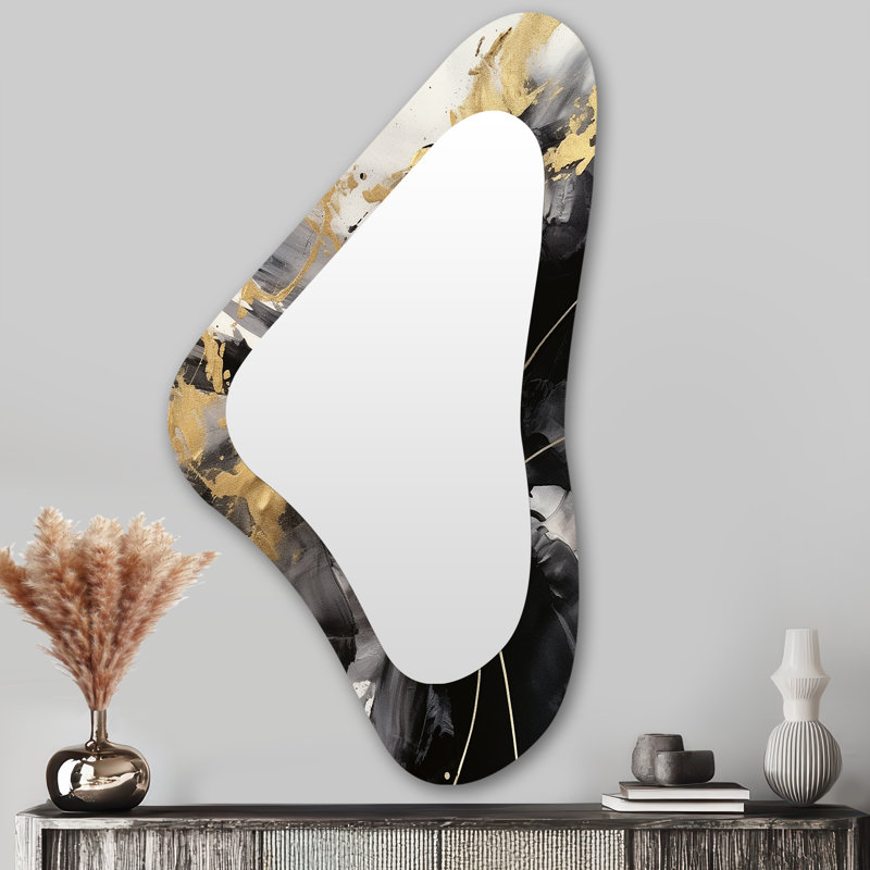 Or et gris fluides, fusion I - Art abstrait en métal - Miroir mural moderne et irrégulier