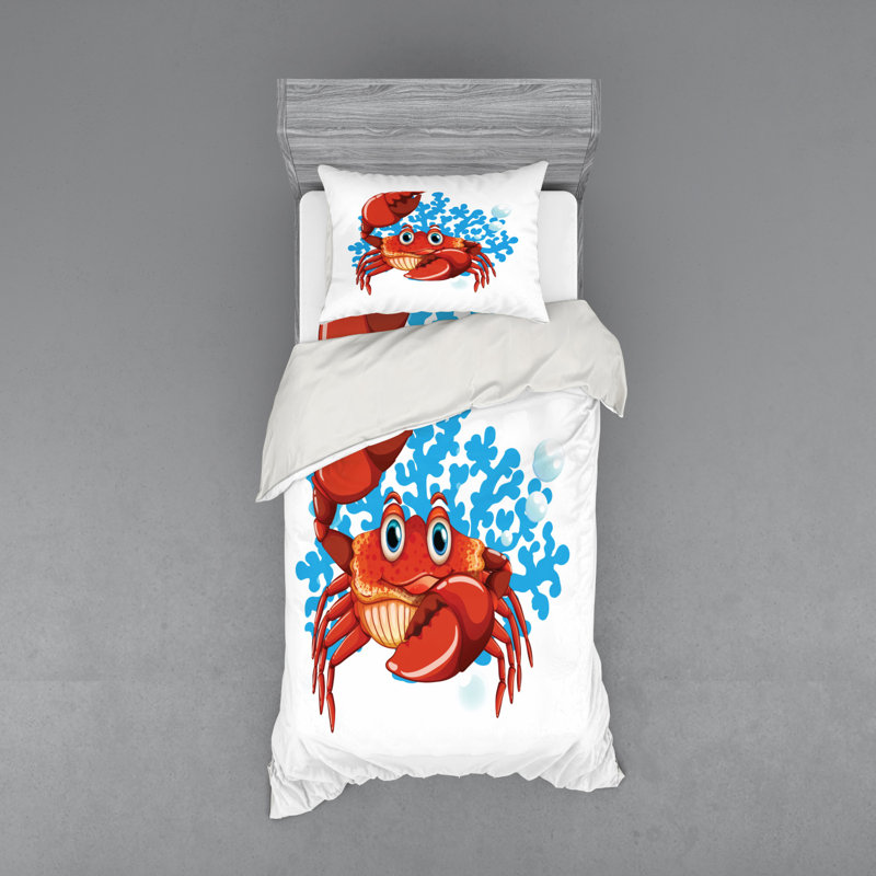 Ensemble de housse de couette en microfibre rouge / bleu / orange Crabs, Housse de couette simple + 6 pièces supplémentai