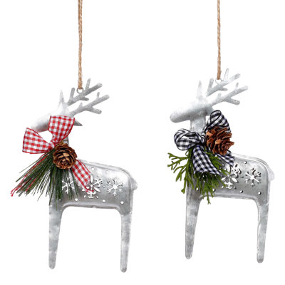 Ornement de Noël renne en métal argenté 6,25 "avec nœud papillon vichy noir et pin