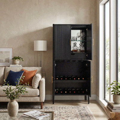 70.8" Tall Fluted Wine Cabinet With Led Lighting & Glass Display – 4-door Bar Cabinet With Drawer, Stemware Rack & Adjustable Shelves For Dining Room