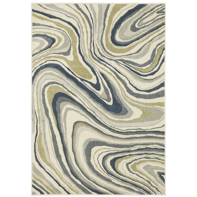 Tapis ivoire / bleu sarcelle Debary, Rectangle 9 pi 10 po x 12 pi 10 po