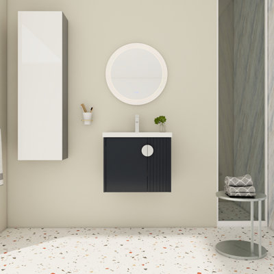 Armoire de salle de bain de 24 pouces avec lavabo en céramique, pour petite baignoire, portes à fermeture en douceur élégantes et poignées en métal, petits espaces, porte de style contemporain