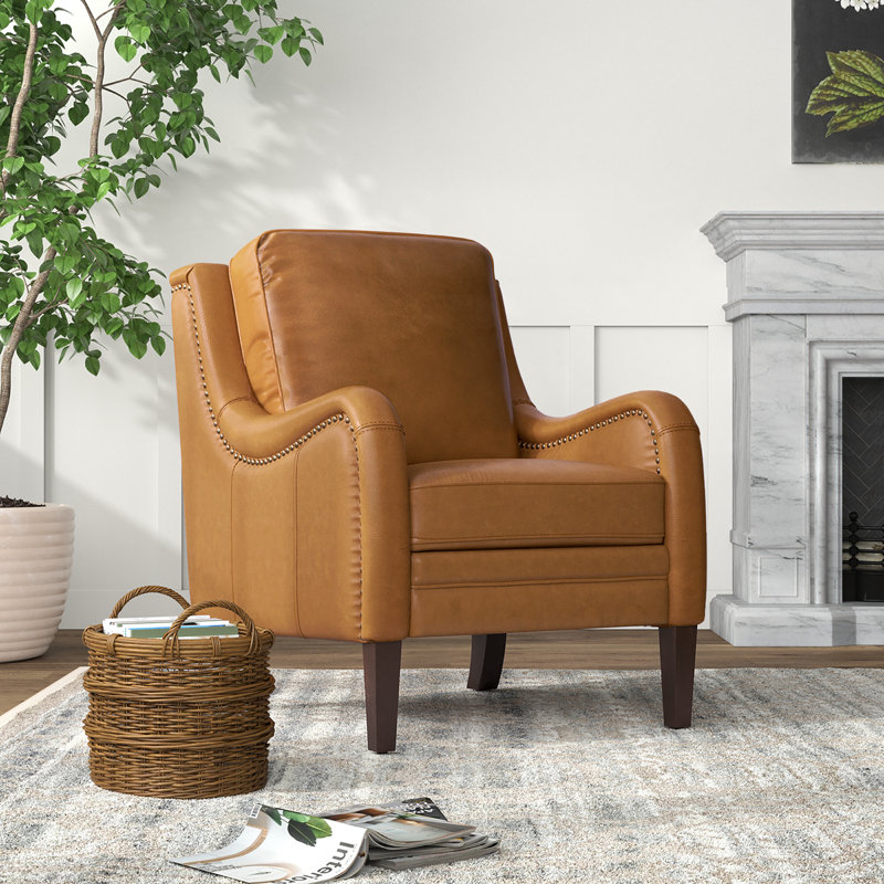 Amberlie 27.56" Wide Genuine Leather Armchair, Camel Genuine Leather